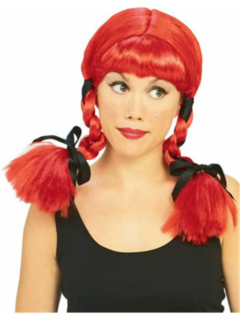 Red Pigtails Country Girl Costume Black Ribbon Wig