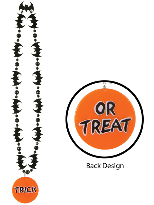 33" Halloween Bat Beads With Trick Or Treat Medal Necklace Costume Accessory