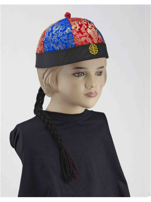 Child's Asian Chinese Beanie Hat with Pigtail Braid