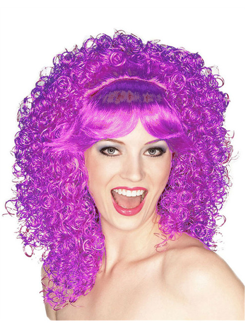 Adult Womens Neon Purple Tight Curly Costume Wig With Bangs