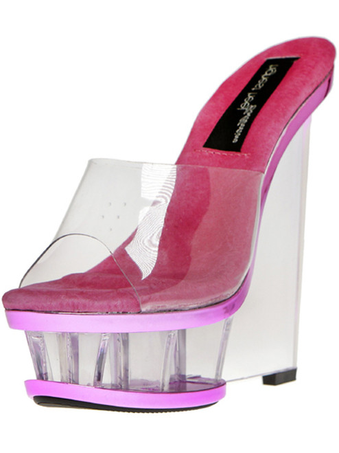 Sexy Womens 6" Fuchsia Pink and Clear Wedge Bottom Clear Upper Shoes