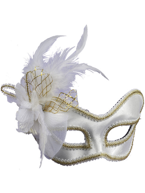 Deluxe White and Gold Satin Mardi Gras Carnival Mask With Feather Plume