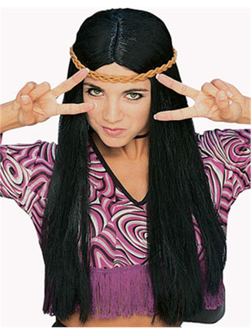 Womens Long Black Straight Witch or Hippie Costume Wig