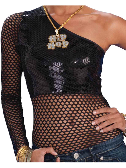 Women's Hip Hop Retro 80s Black Fishnet And Sequins Costume 1-Shoulder Shirt