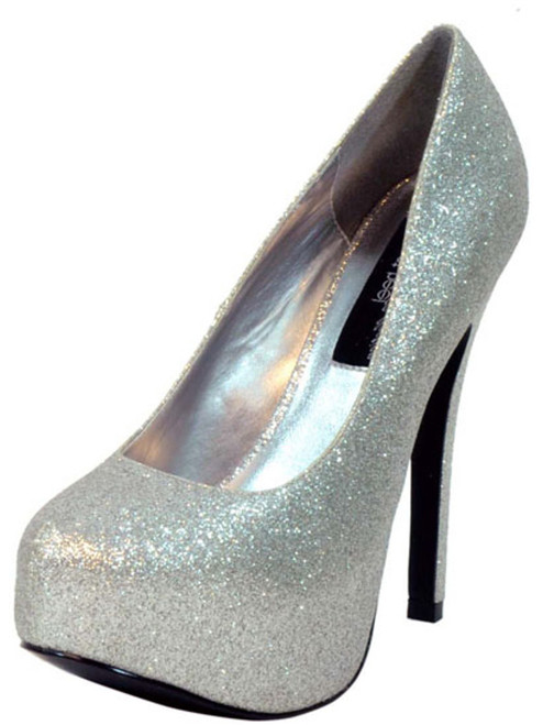 Women's Highest Heel Shoes 5 1/2" Covered Platform Pump - Silver Glitter PU