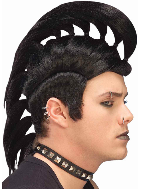 Deluxe Adult Black Nasty Punk Rock Costume Large Ponytail Mohawk Wig