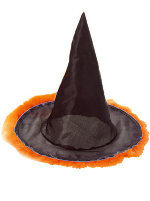 Orange Feather Trim Black Halloween Costume Witch's Hat