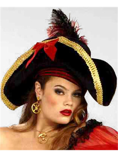 Black and Gold Adult Costume Pirate Hat with Feather and Red Ribbon