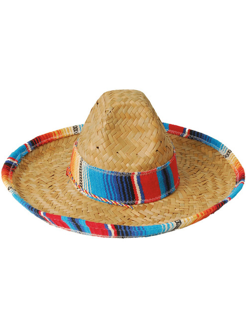 Child's Woven Straw Mexican Sombrero Hat With Serape Trim Costume Accessory