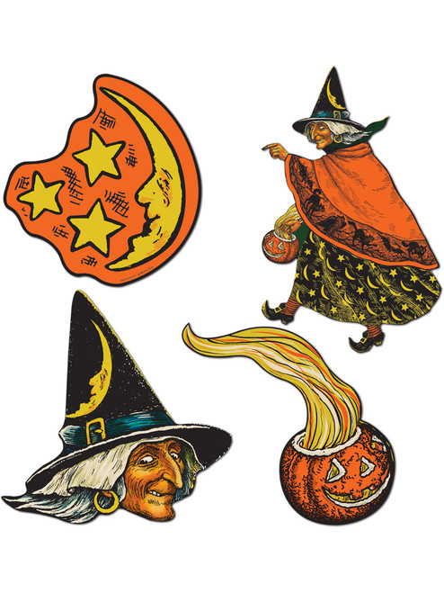 6-11" Set Of 4 Halloween Witch Pumpkin Moon 2 Sided Cutouts Party Decorations