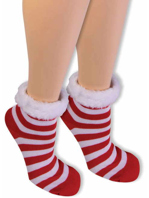 Adult's Christmas Red And White Striped Ankle Socks With Trim Costume Accessory