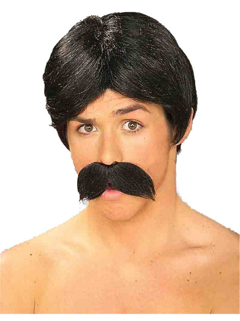 Mens 70s Burt the Bandit Black Wig & Bushy Moustache Set