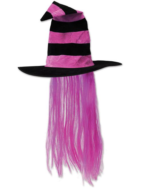 Adult Hot Pink Witch Hat With Hair Wig Headpiece Costume Accessory