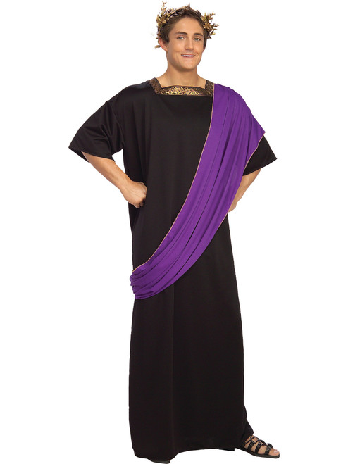 Men's Large Black Roman Dionysus Costume Toga With Purple Sash & Wreath Headband