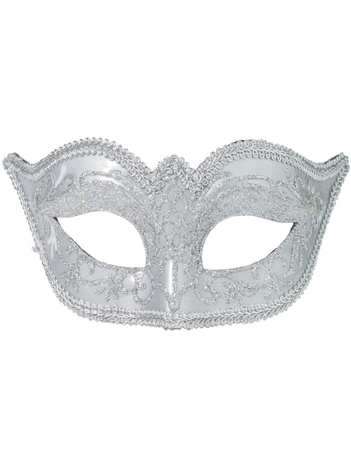 Deluxe Halloween Costume Silver Glitter Lace Venetian Carnival Glasses Mask