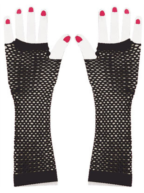 Adults Black Glam Rock Fishnet Fingerless Costume Long Gloves