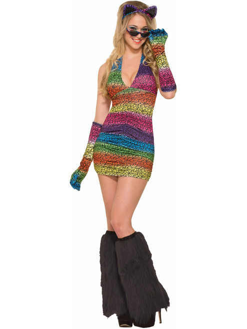 Womens Sexy Rainbow Leopard Print Party Animal Halter Dress