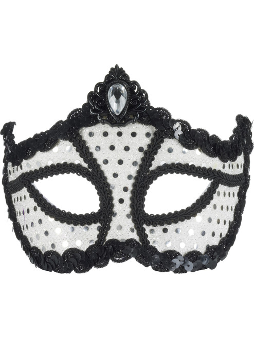 Deluxe Retro 80s White Black Costume Venetian Eye Mask Sequins Polka Dots