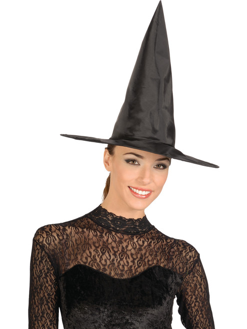 Adult Black Taffeta Witches Tall Pointed Witch Hat Costume Accessory