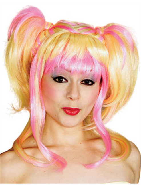 Womens 2-Tone Blonde Pink Hearts Oriental Pigtails Wig