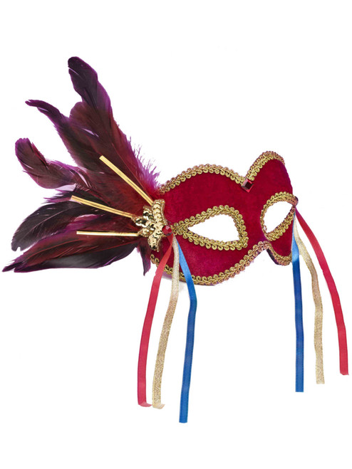 Red And Gold Venetian Carnival Mask With Feather Plume And Ribbons Accessory