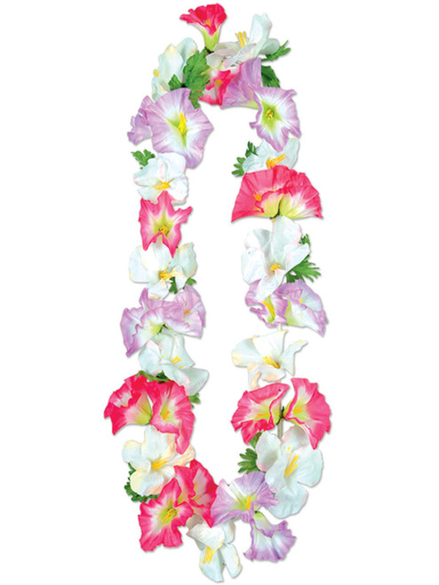 40" White Hawaiian Luau Lei Morning Glory Flower Necklace Costume Accessory