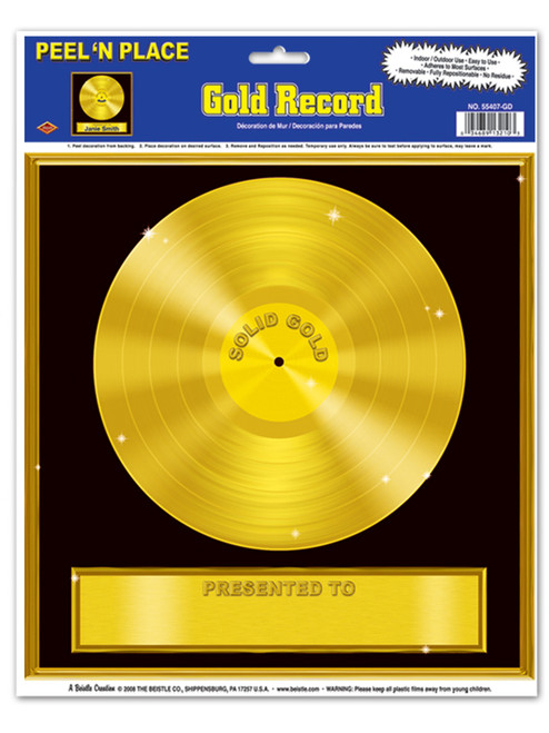 New Gold Vinyl Record Peel 'N Place Party Wall Cling Decoration
