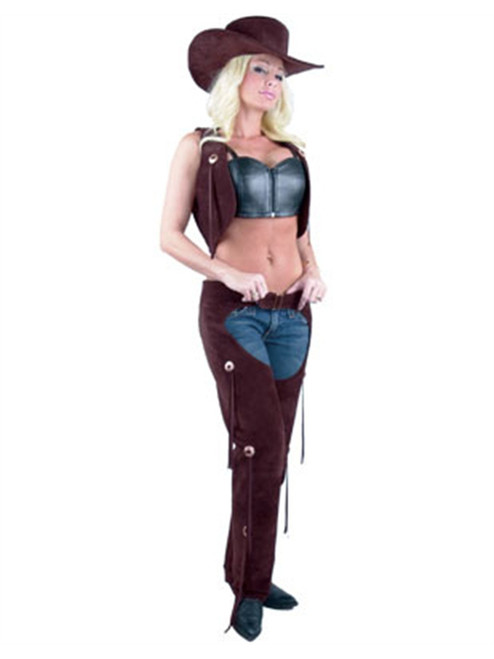 Womens Sexy Range Rider Cowgirl Brown Faux Suede Chaps and Vest Set