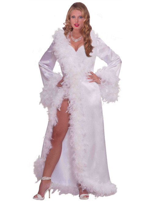 Adult Vintage Hollywood Starlet Goddess White Marabou Satin Robe Costume