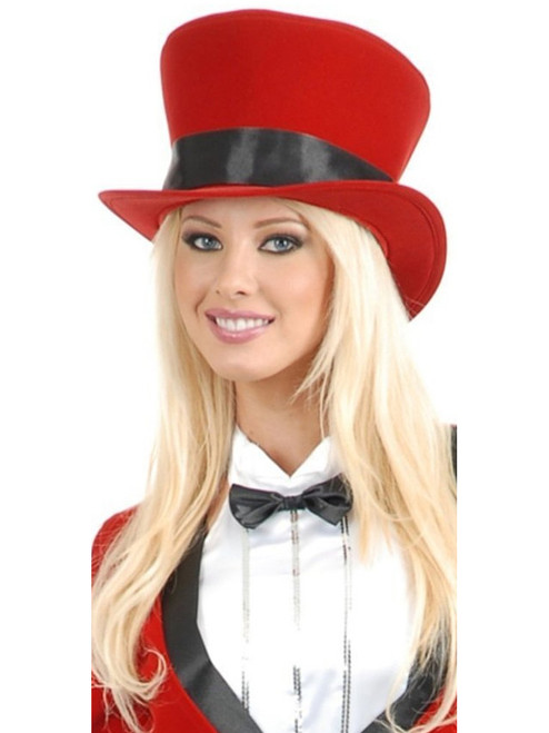 Women's Circus Magician Showgirl Red Top Hat With Black Ribbon Costume Accessory