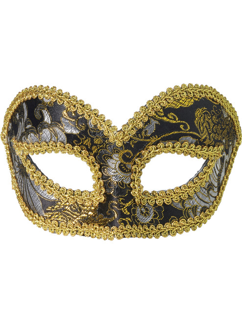 Deluxe Costume Black And Silver Brocade Venetian Carnival Mask With Gold Lace