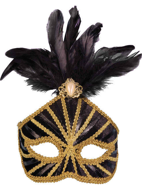 Deluxe Costume Unisex Black And Gold Venetian Carnival Mask With Feather Plume