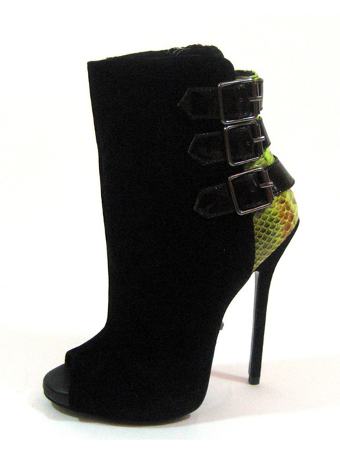 Highest Heel Womens 5" Open Toe Ankle Bootie Lime Green Snake Trim PU Shoes Highest Heel Womens 5" Open Toe Ankle Bootie Lime Green Snake Trim PU Shoes