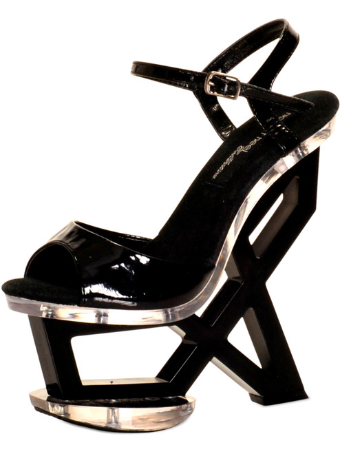 The Highest Heel ASTONISH-11 Womens Black Patent 7" Geometric Wedge Shoes
