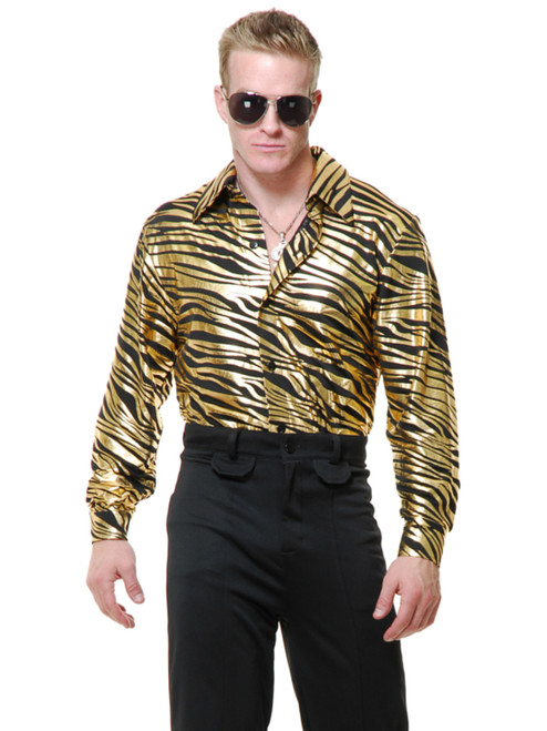 Mens Adults 70s Metallic Gold Zebra Print Disco Shirt