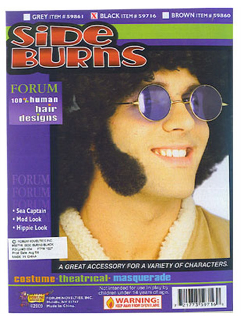 Deluxe Human Hair Black Cheesy 60s Costume Side Burns