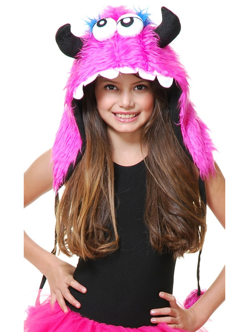 Child Girls Deluxe Bubblegum Pink Furry Plush Horned Monster Hood
