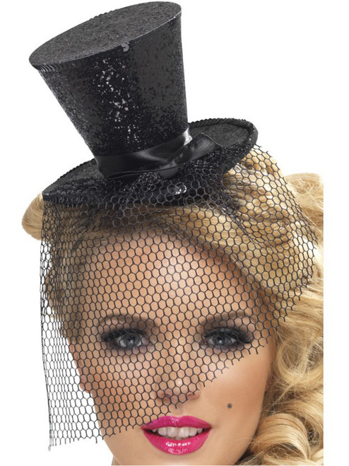 Womens Black Mini Top Hat With Detachable Black Veil Costume Accessory