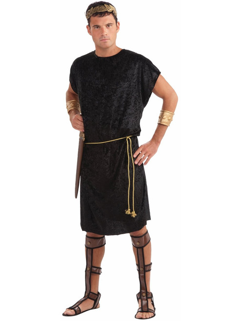 Adult Black Roman Trojan Gladiator Costume Tunic with Gold Cord Belt
