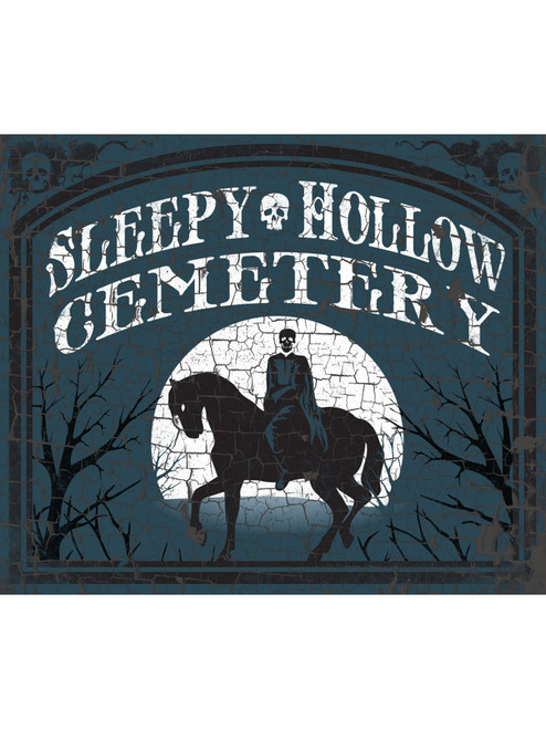 Large Faux-Stone Sleepy Hollow Cemetery Halloween Decoration Sign With Horseman