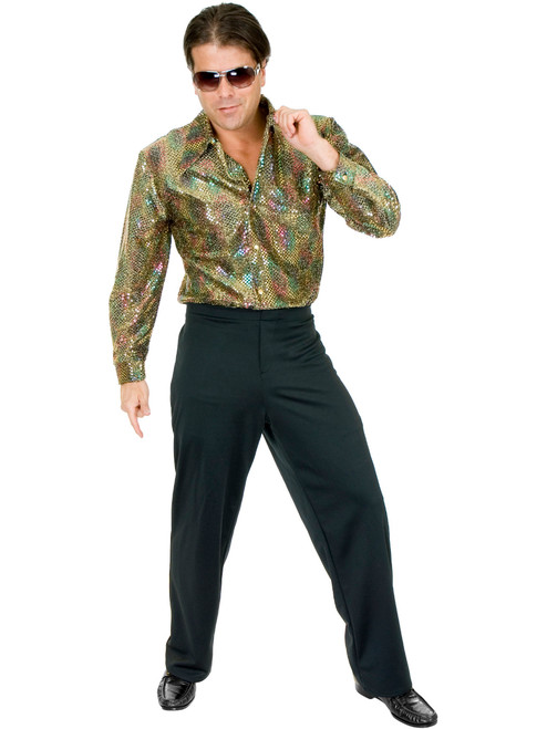 Mens Adults 70s Metallic Multi-Colored And Gold Sequin Disco Shirt Costume