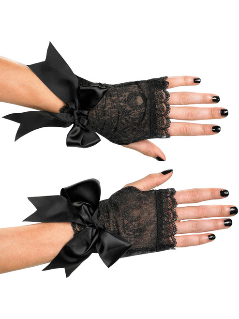 Adults Sexy Black Skull Lace No-Finger Fingerless Wrist Gloves Glovelettes