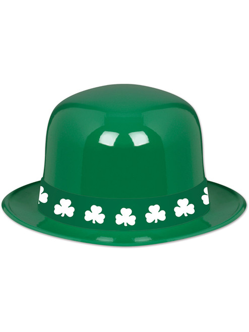 Irish St Patricks Day Plastic Green Derby Hat With Shamrock Band Accessory