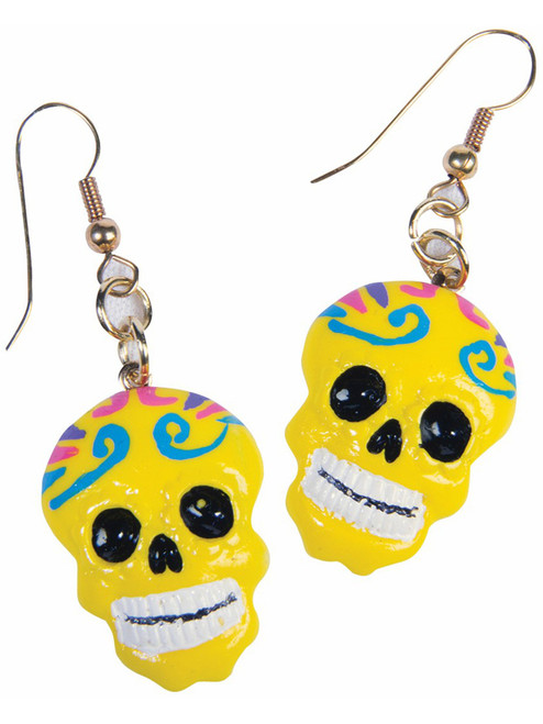 Day Of The Dead Decorative Molded Yellow Skull Earrings Costume Accessory