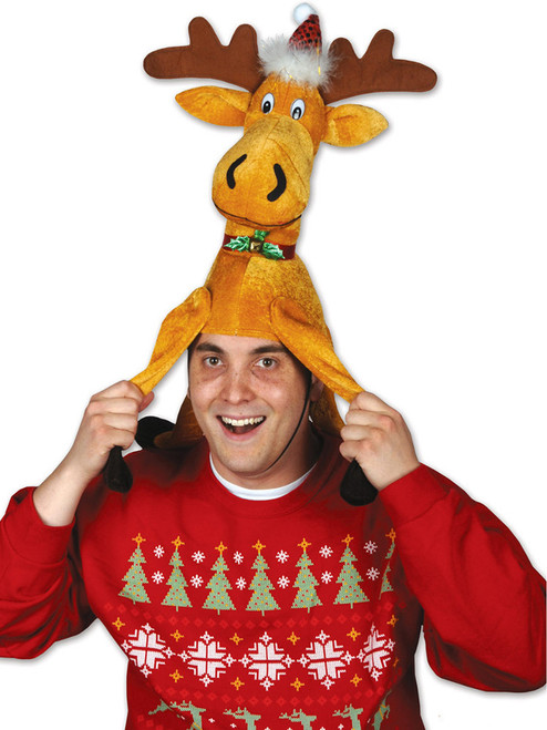 Stuffed Plush Christmas Moose Hat Festive Party Cap Costume Accessory