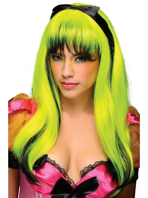 Sexy Adult Womens 80s Yellow Black Streak New Wave Costume Neon Doll Wig