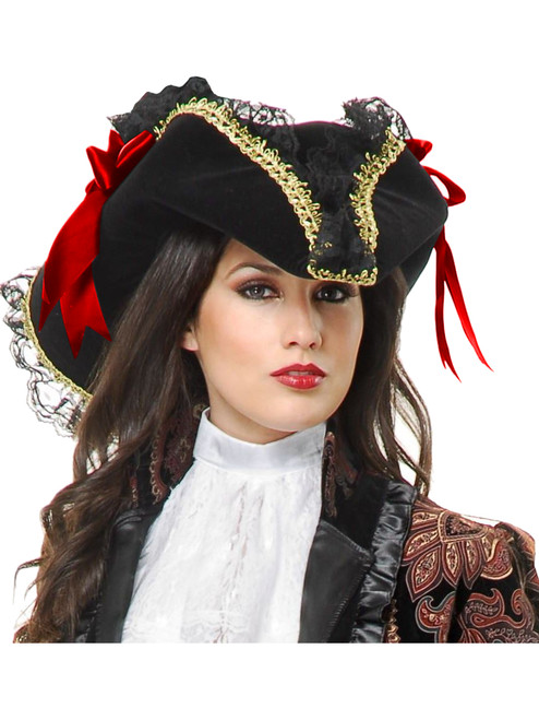 Deluxe Red And Gold Velvet Adult Costume Pirate Hat With Red Ribbon