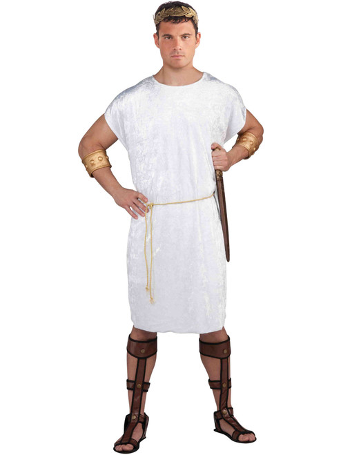 Adult White Roman Trojan Gladiator Costume Tunic with Gold Cord Belt