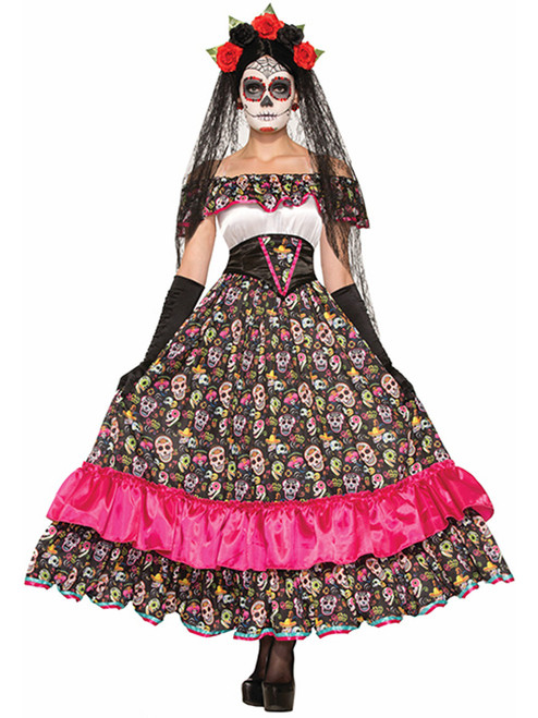 Womens Day Of The Dead Lady Skeleton Skull Mexican Festive Dress Costume