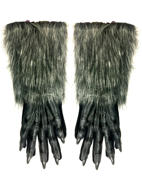 Adults Fuzzy Realistic Faux Grey Fur Werewolf Wolfman Gloves Costume Accessory